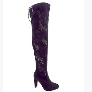 Embroidered thigh high suede boot